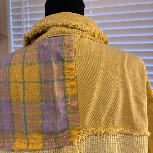 POL Yellow & Plaid Patchwork Raw Hem Distressed Shacket - Picture 9 of 11